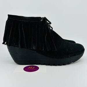 Fly London Women's Yank Black Suede Fringe Wedge Ankle Booties Size 40/ 9-9.5 US